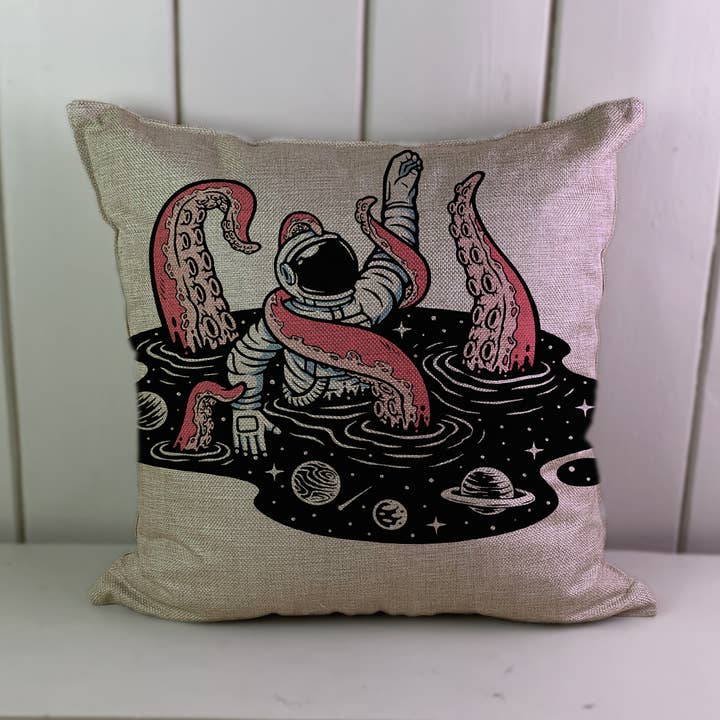 Space Octopus Astronaut Fantasy Stars Linen Cushion Cover for wholesale by Hills Of Fabric