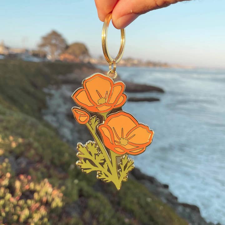 California Poppy Hard Enamel Keychain for wholesale by Pau Hana Designs