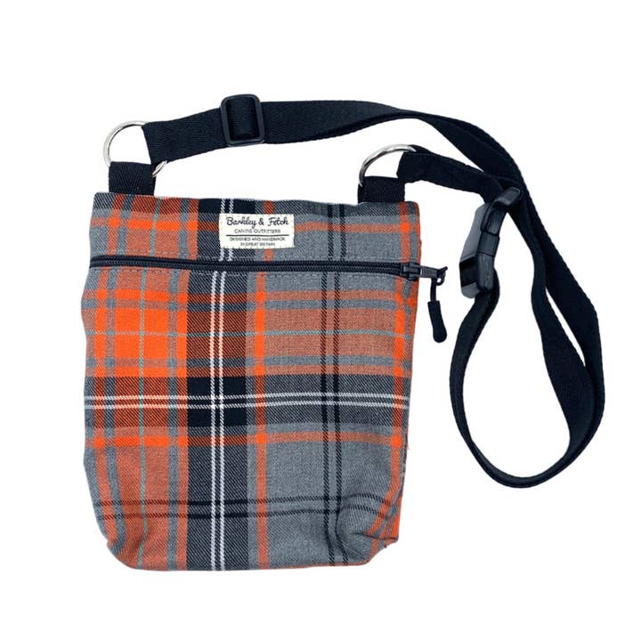 Barkley and Fetch – wholesale Pet treat bag – Dog – Orange/Grey Tartan Dog Walk and Treat Bag1