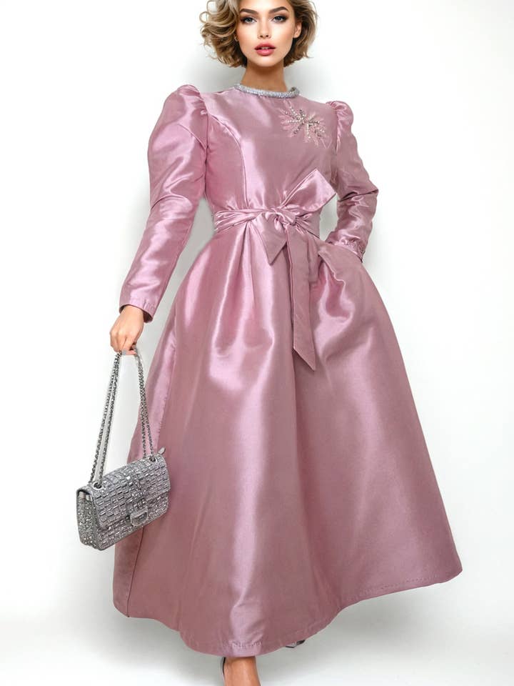 T2568 RHINESTONE NECKLINE MAXI DRESS (WHT, PINK) for wholesale by N by Nancy