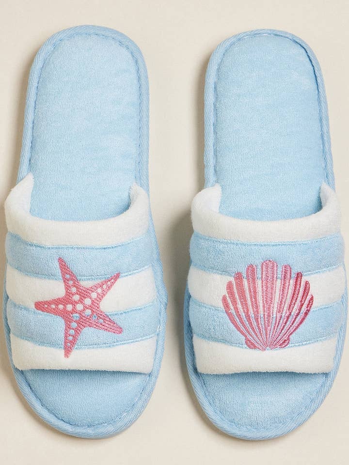 Frem - Wholesale Slides - Women's - Sea Shell and Starfish Embroidered Terry Slipper for Christmas Gift1