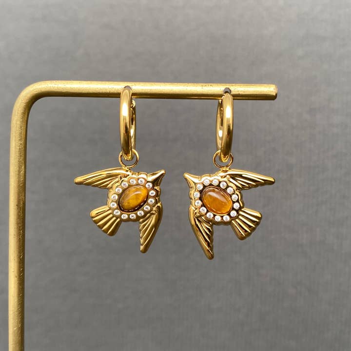 Stone Inlaid Bird 18K Gold Plated S.Steel Huggie Earrings - FGS for wholesale by Mio Queena