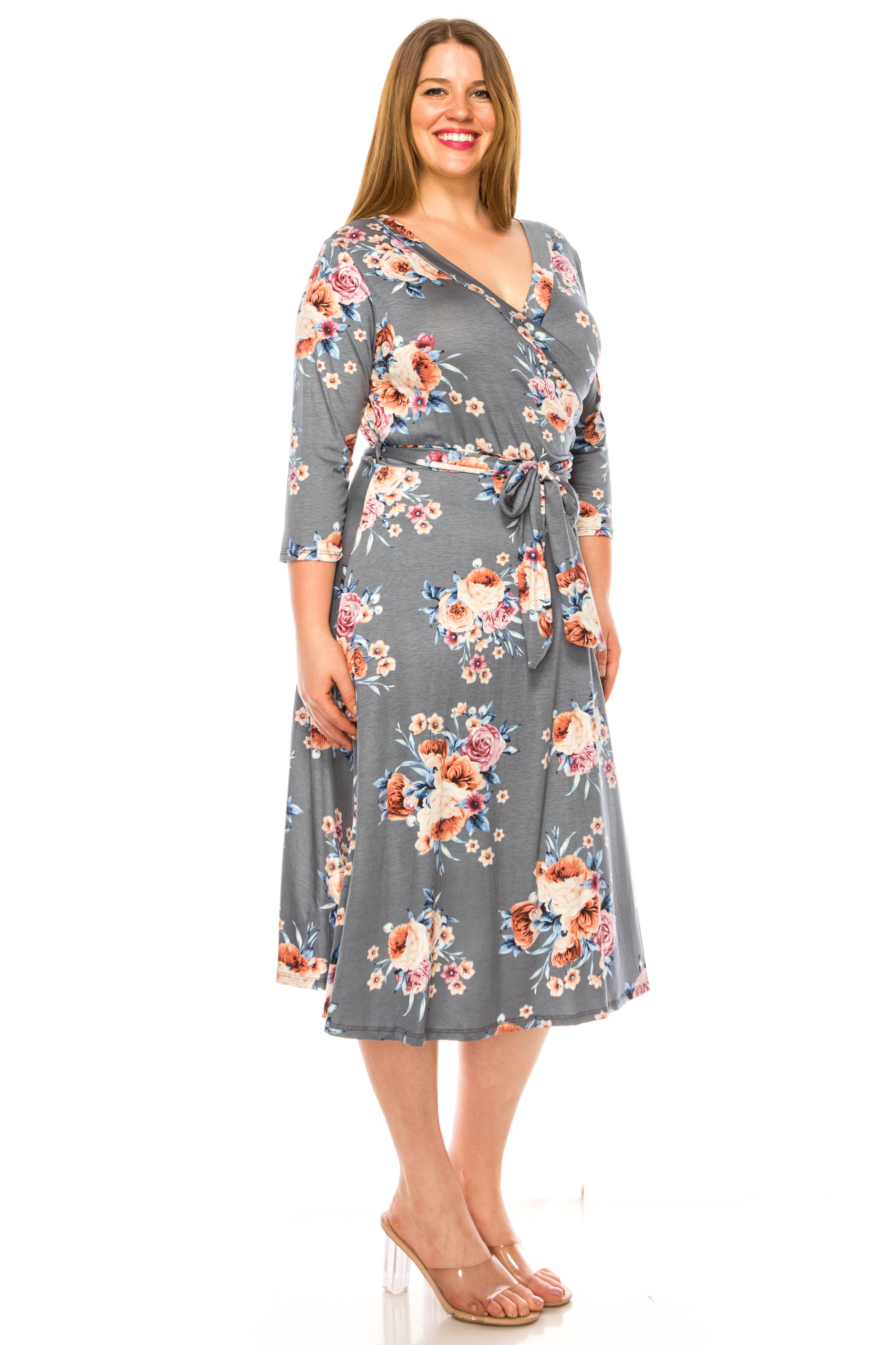 MOA COLLECTION - Vente Robe – femme - Robe portefeuille en faux imprimé à motifs floraux de grande taille pour femmes10