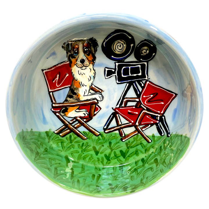 Australian Shepherd "On Set" | Hand-Painted Ceramic Dog Bowl for wholesale by Faux Paw Productions