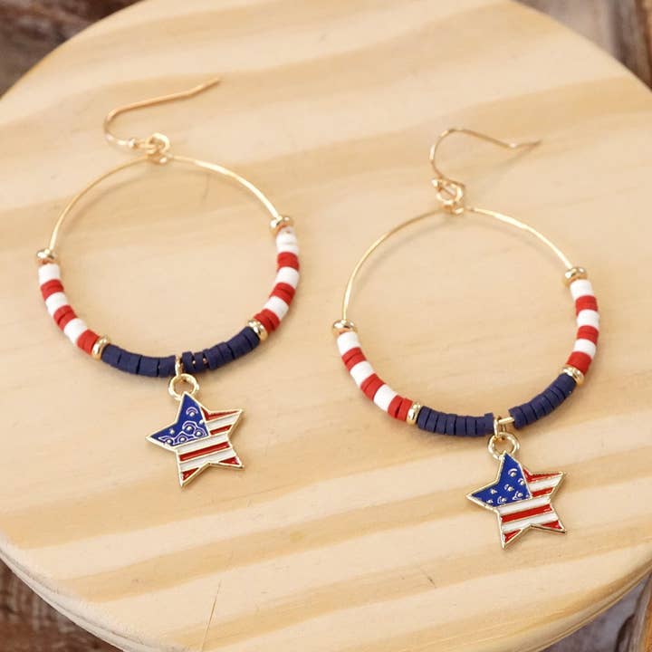 PennyLine inc - Wholesale Dangle Earrings - 4th of July Dangle Hoop Earrings Red White Blue
