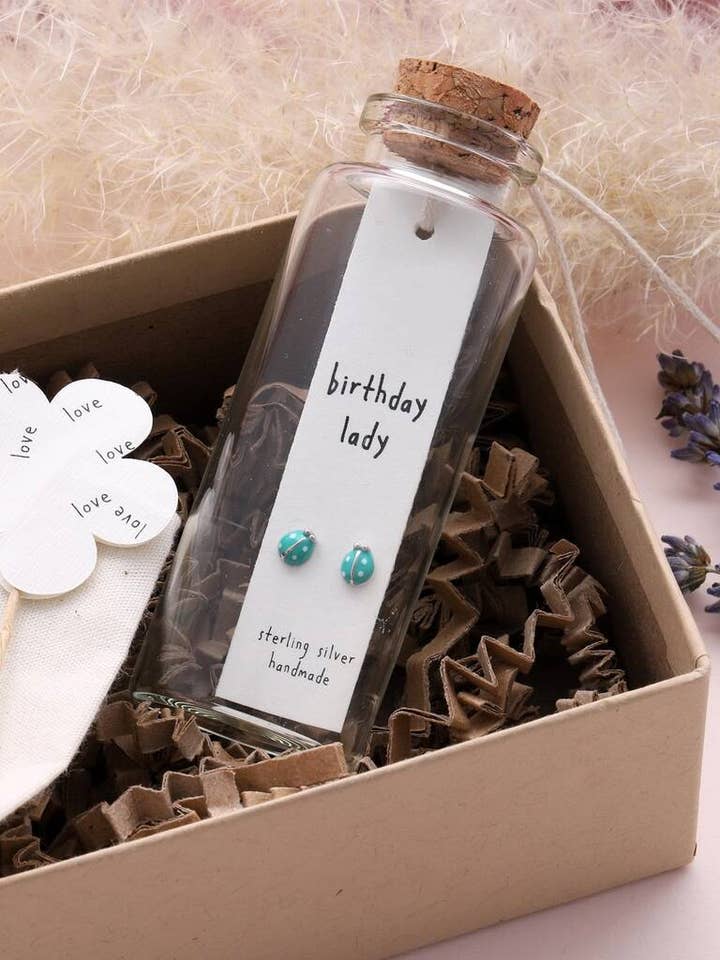 BT025 Earrings In A Message Bottle 'Birthday Lady' for wholesale by Attic creations