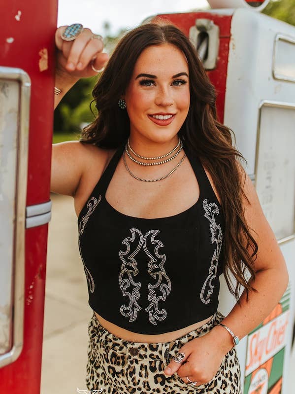 Black Boot Stitch embroidered Halter Top Tie Back Corset Top for wholesale by LUCKY & BLESSED