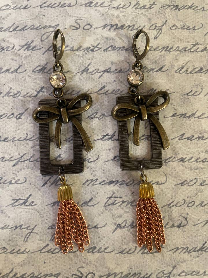 Frame & tassel earrings-Vintage/Steampunk/Museum Gift Shop for wholesale by Savannah Hoffman Designs Artisan Jewelry
