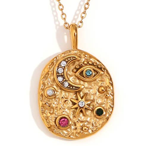 HoopLa - Wholesale Pendant/Charm Necklace - Confetti Coin- Evil Eye- Moon and Stars- Stainless Steel 14K