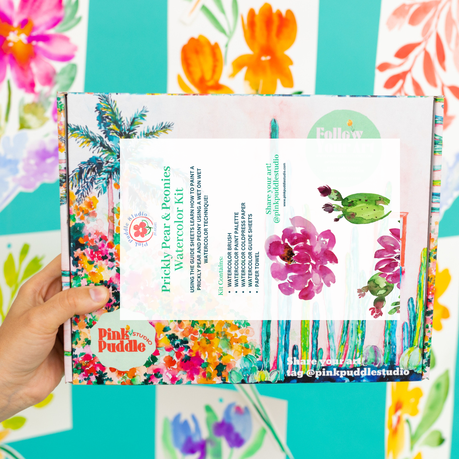 Pink Puddle Studio - Wholesale DIY Craft Kit - Prickly Pear Cactus & Peony Flowers Watercolor DIY Paint Kit11