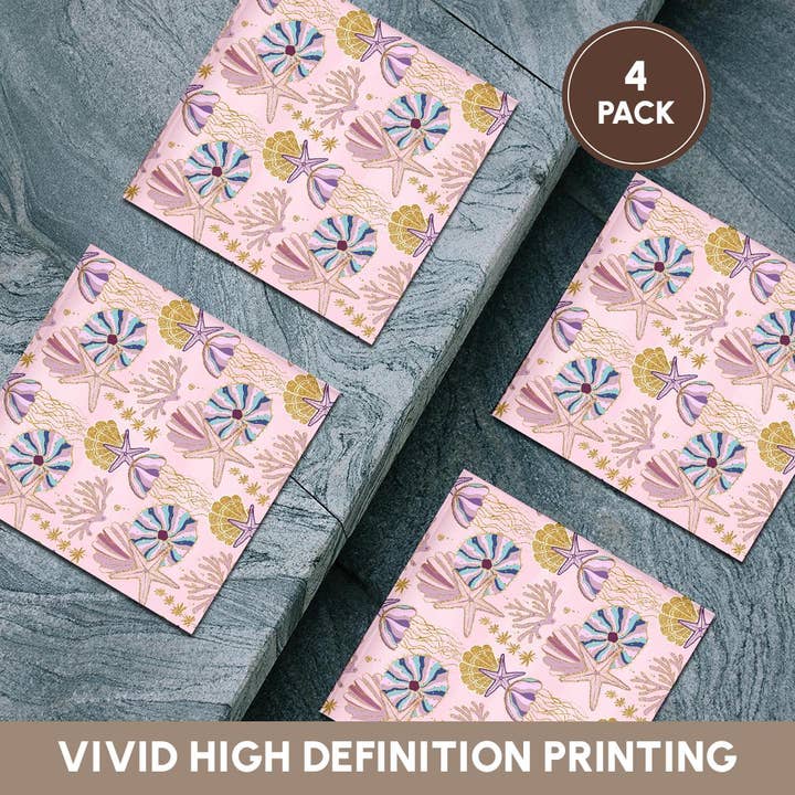 3dRose - Wholesale Coasters - 3dRose, Pretty Pink, Blue, and Image Of Gold Starfish and Seashells Pattern, Coaster5