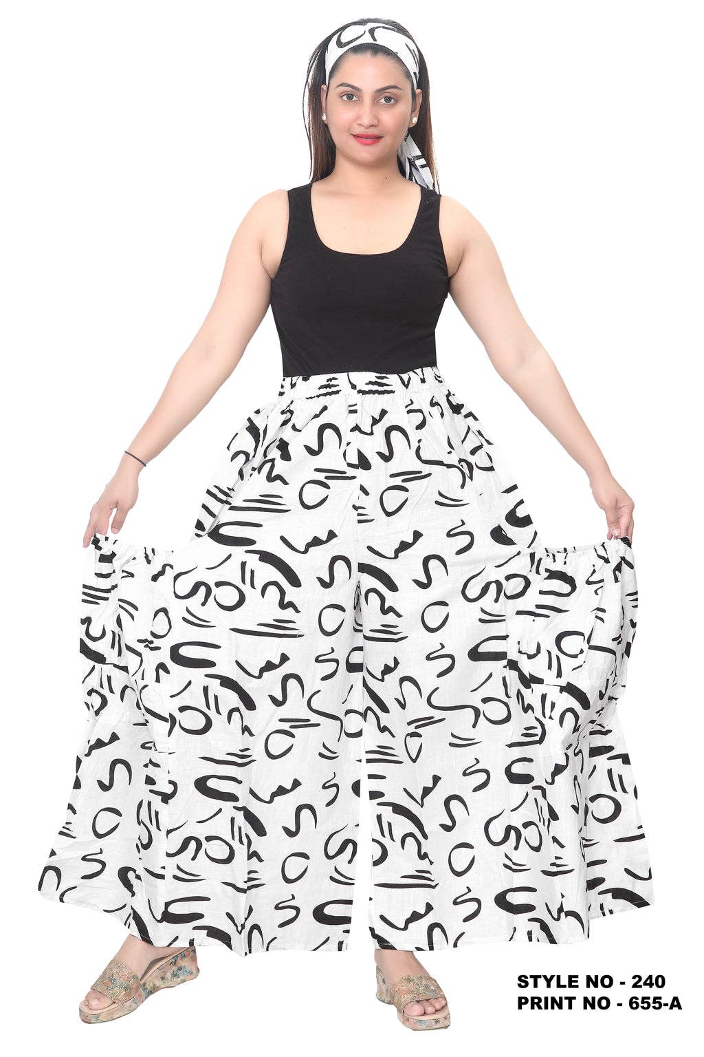 India Batik - Wholesale Pants - Women's - 240 Big Pocket Palazzo Pant Print Black/White 6550