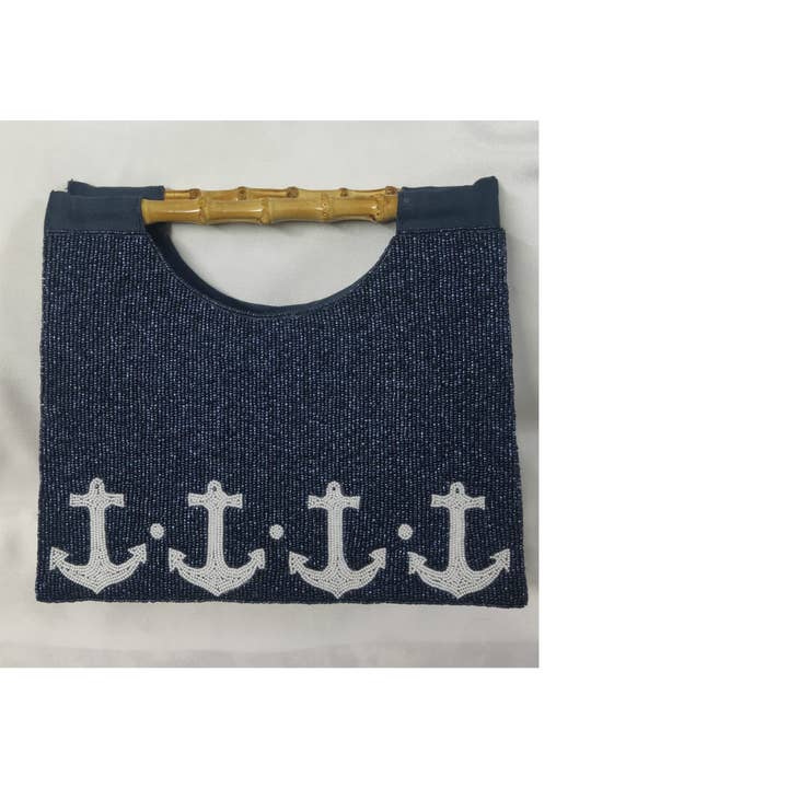 NAVY JANE - Wholesale Top Handle Bag - Women's - Navy Beaded Purse With White Anchor Design - Bamboo Handles