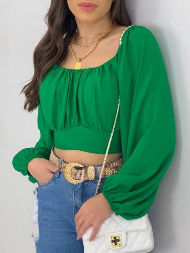 HIDDENBRAND - Wholesale Blouse - Women's - Crop Top Balloon Sleeve Straight-Neck Shirt5