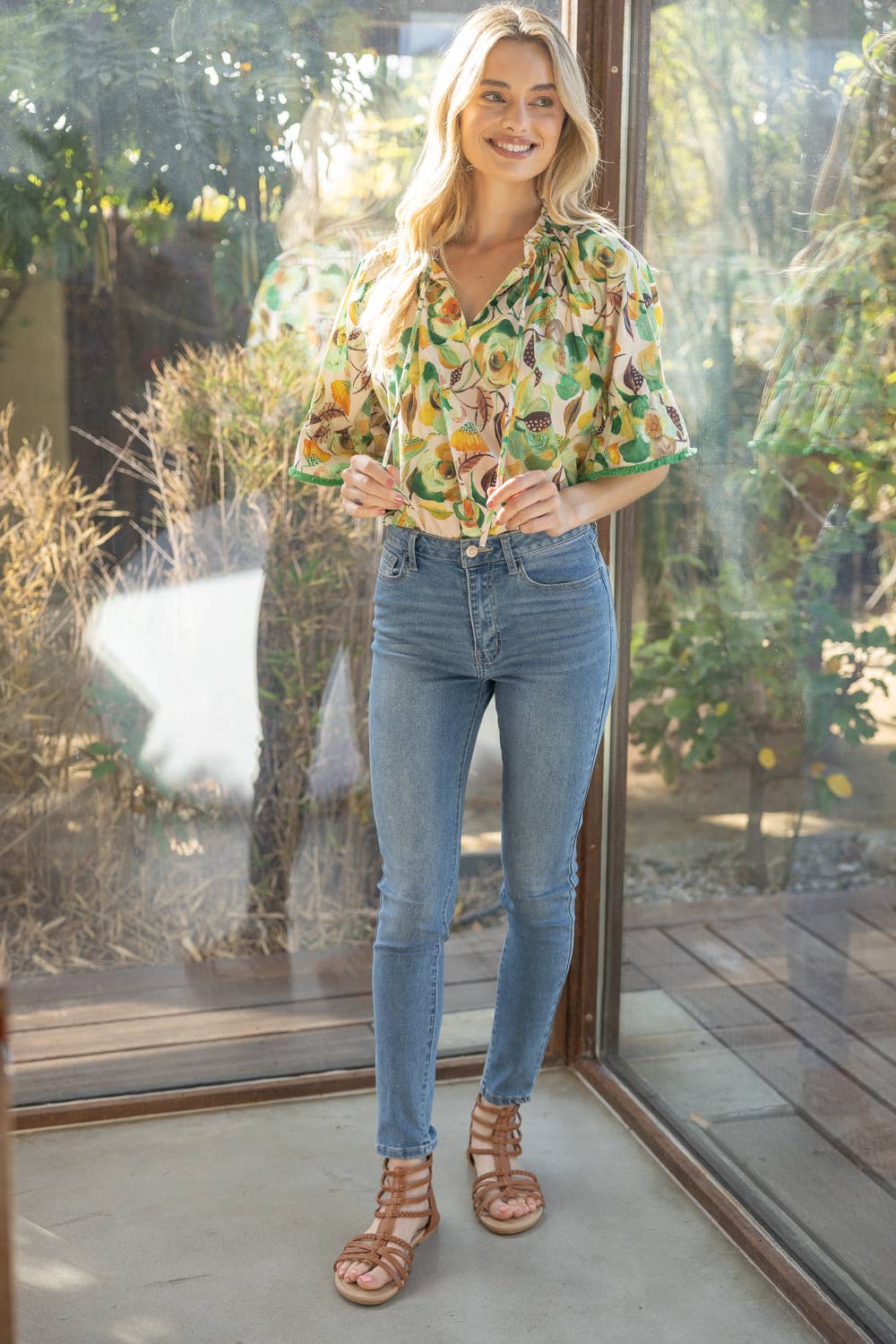 Green 35203 Fringe Detailed Loose Sleeve Floral Print Top for wholesale on Faire1