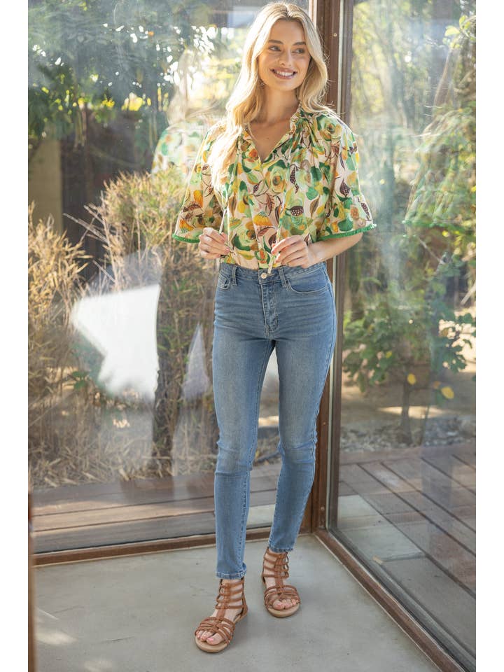 Green 35203 Fringe Detailed Loose Sleeve Floral Print Top for wholesale on Faire1