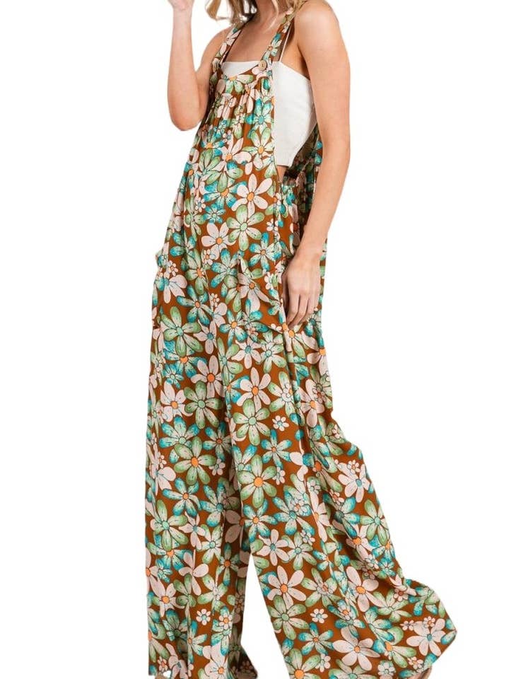 Macacão Jardineira Floral com Estampa Retro Vintage por atacado de Vanilla Monkey