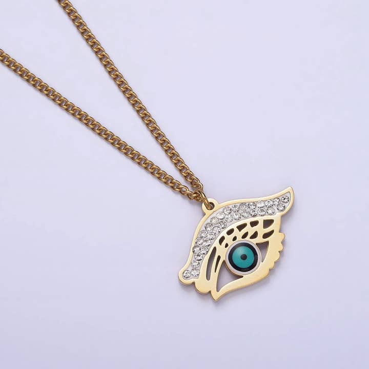 Stainless Steel Evil Eye Enamel Micro Paved CZ Charm 17 Inch Curb Chain Necklace | WA-2040 for wholesale by Aim Eternal