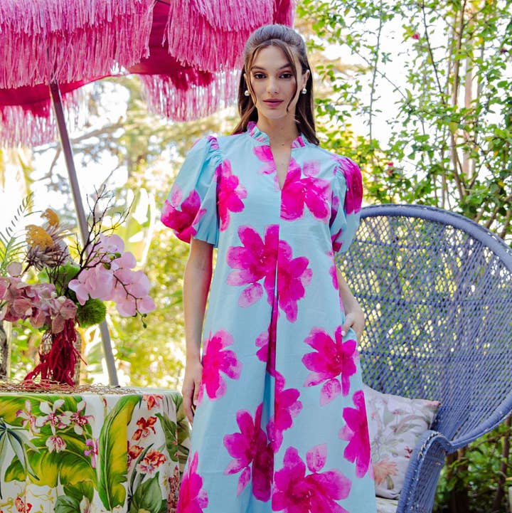 Glam - Wholesale Dress - Women's - Ruffle V-Neck Puff Sleeve Waist Pleated Midi Dress