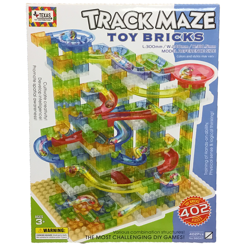 Texas Toy Distribution - Venta al por mayor Juegos de construcción - Niños - Pista de Laberinto de Ladrillos Translúcidos Juego de Construcción de Canicas 402 piezas0