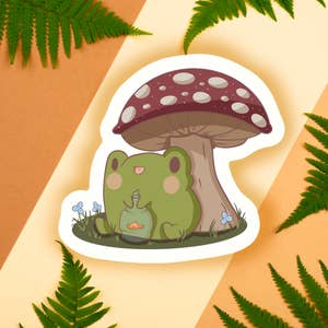 Frog Stack Vinyl Sticker, Cute Frogs and Mushrooms Sticker