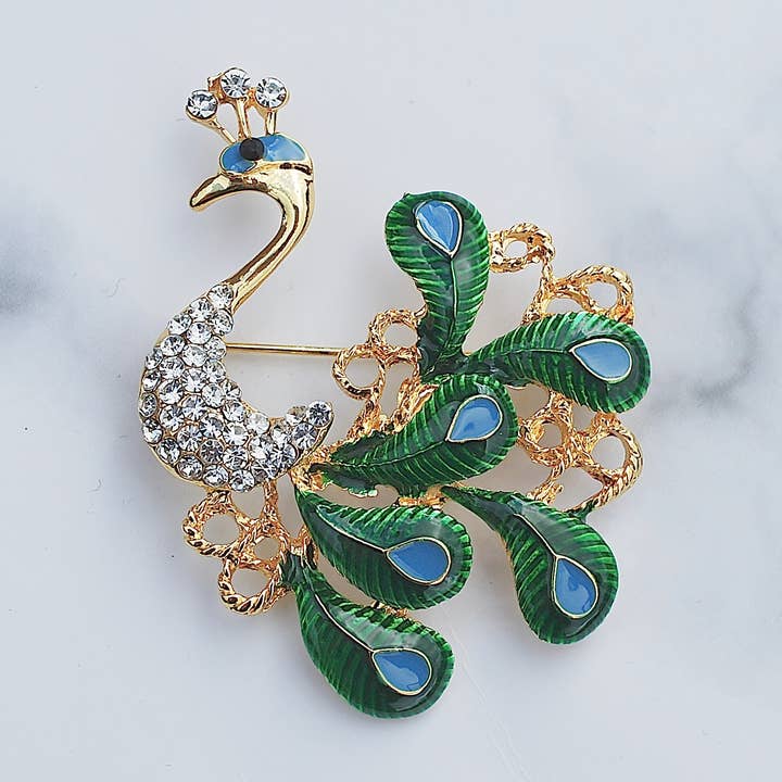 Peacock Brooch with Enamel and Crystal for wholesale by QueenMee Accessories
