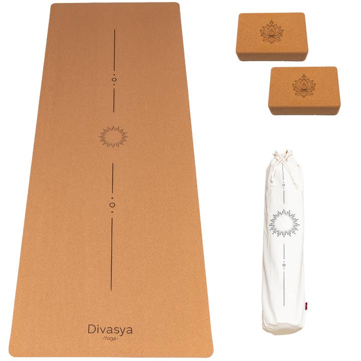 Yoga Starter Set: Cork Yoga Mat with 2 Blocks & Accessories for wholesale by Divasya