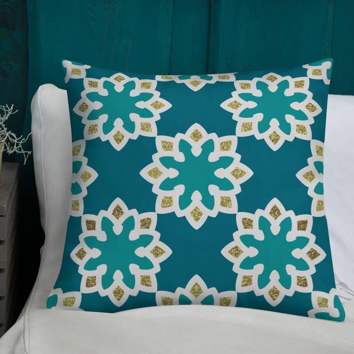 Premium Pillow - Arabesque Flowers in Aqua and Gold for wholesale by The Shamal