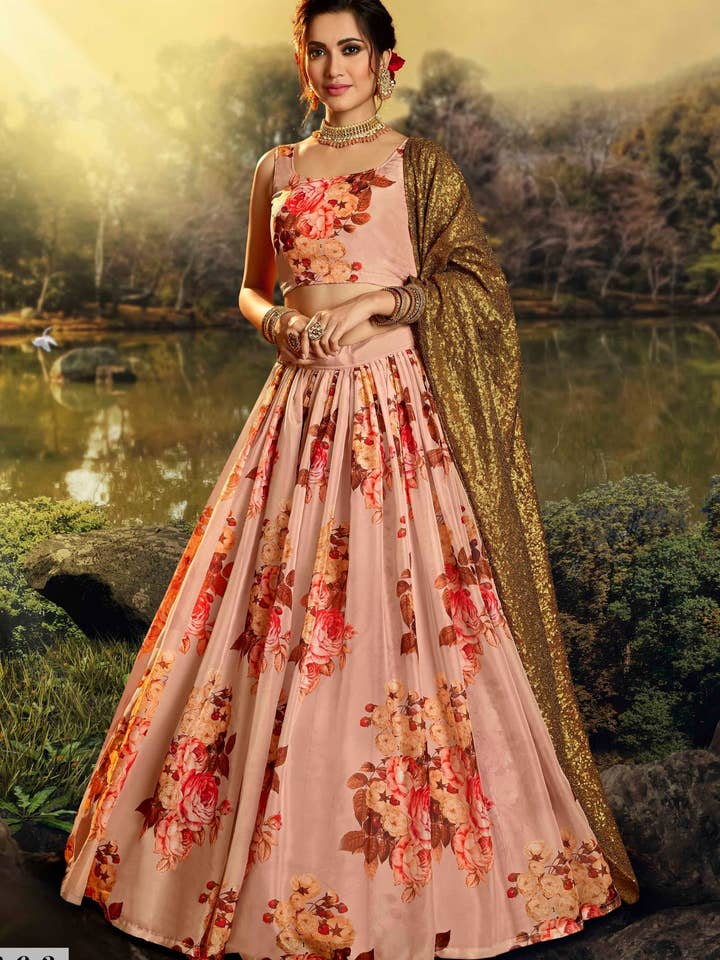 Peach Organza Lehenga Choli For Indian Festival & Weddings - Print Work, Sequence Embroidery Work, for wholesale by HATKE BRIDE
