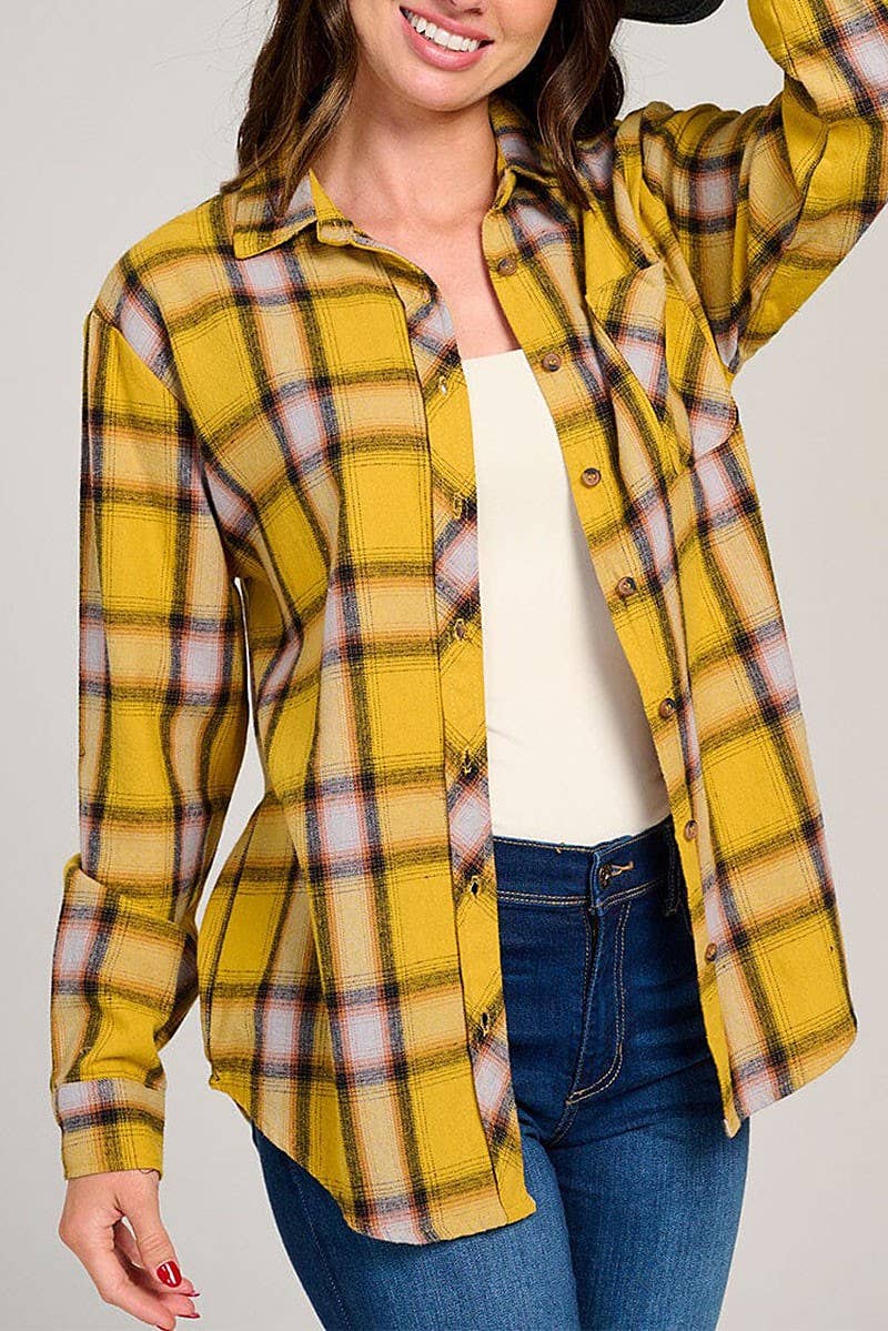 MUSTARD LONG SLEEVE FRONT POCKET BUTTON UP PLAID SHIRT for wholesale on Faire