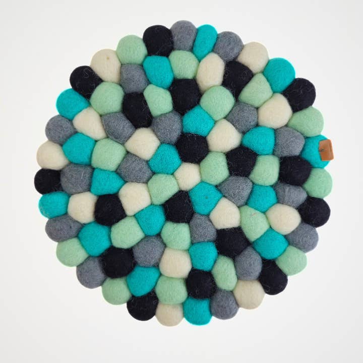 Turquoise Assorted Pom Pom Felt Trivet for wholesale by Feltiful