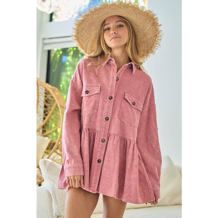 VINTAGE ROSE CORDUROY RUFFLE PEPLUM BUTTON UP SHIRT TOP for wholesale on Faire4