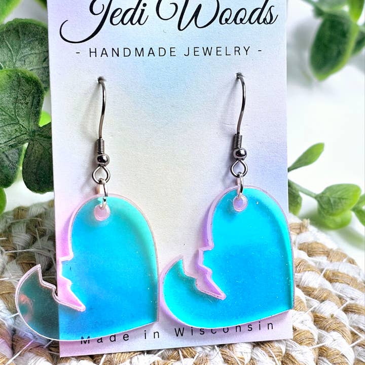 Jedi Woods LLC - Wholesale Dangle Earrings - Iridescent Broken Heart Earrings