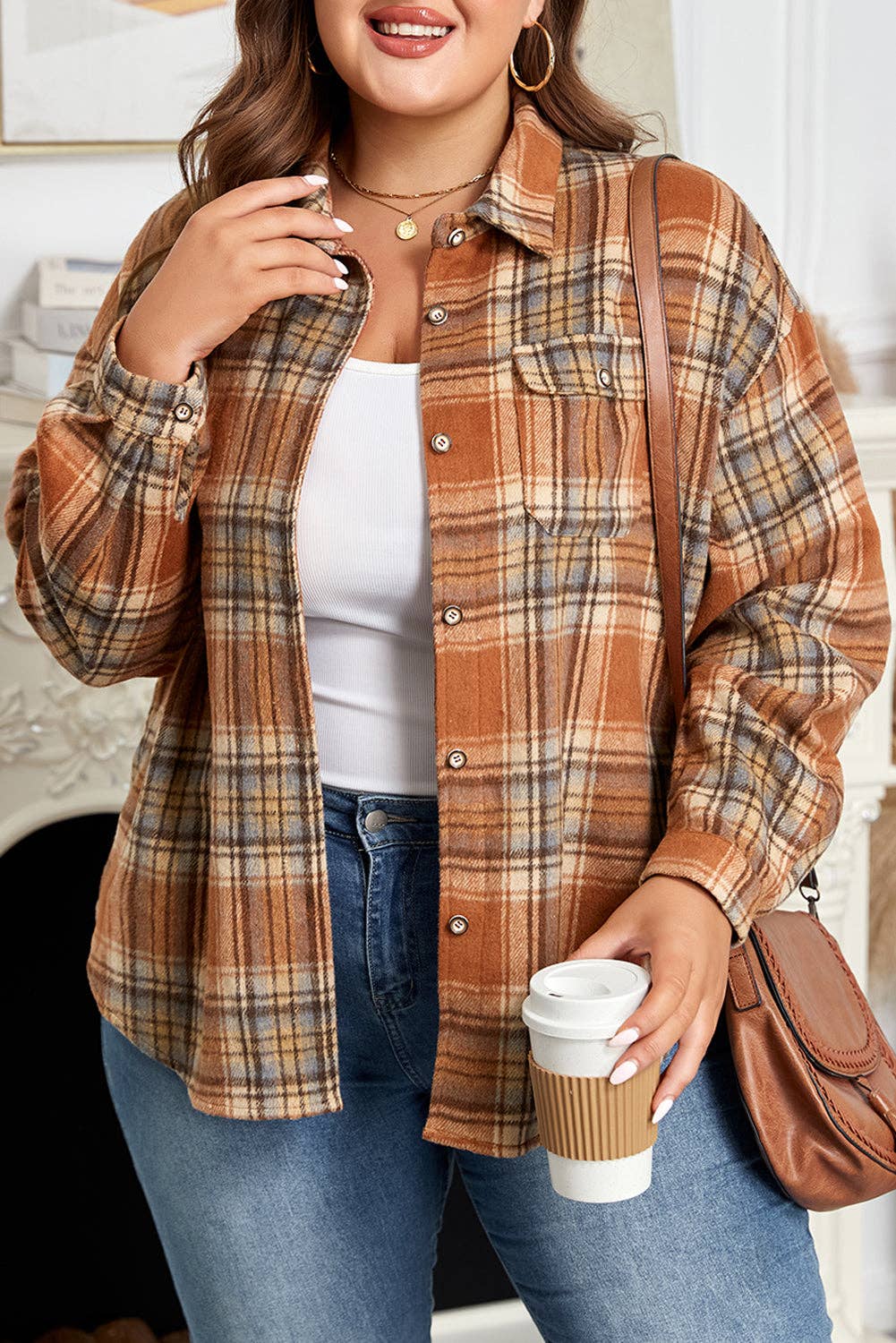 Brown Plaid Print Flap Pocket Buttoned Plus Size Shacket for wholesale on Faire