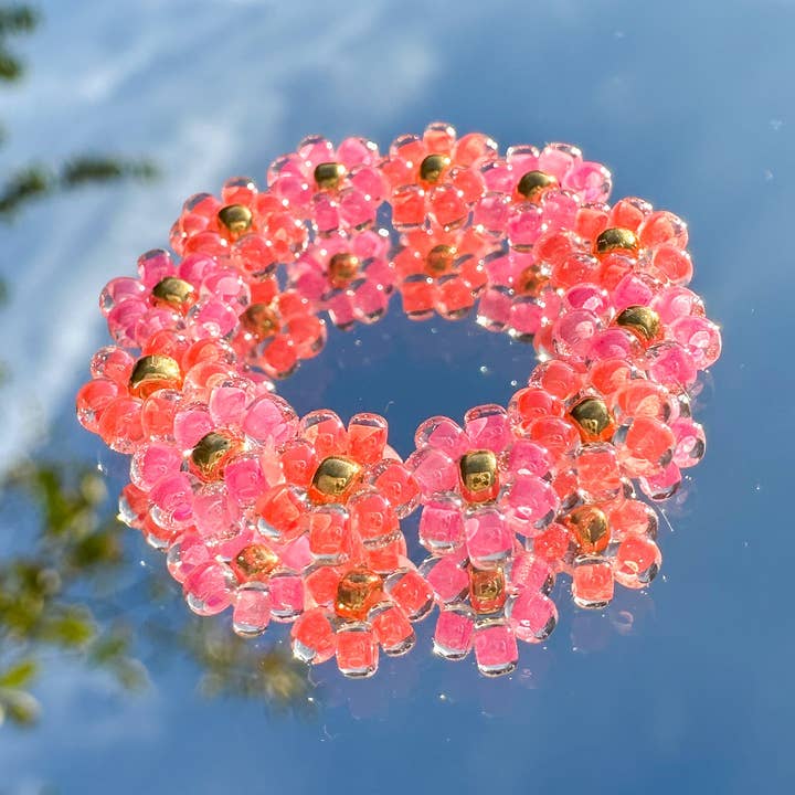 Anel de flor "Rosy" em miçangas de vidro rosa e laranja por atacado de cool people club