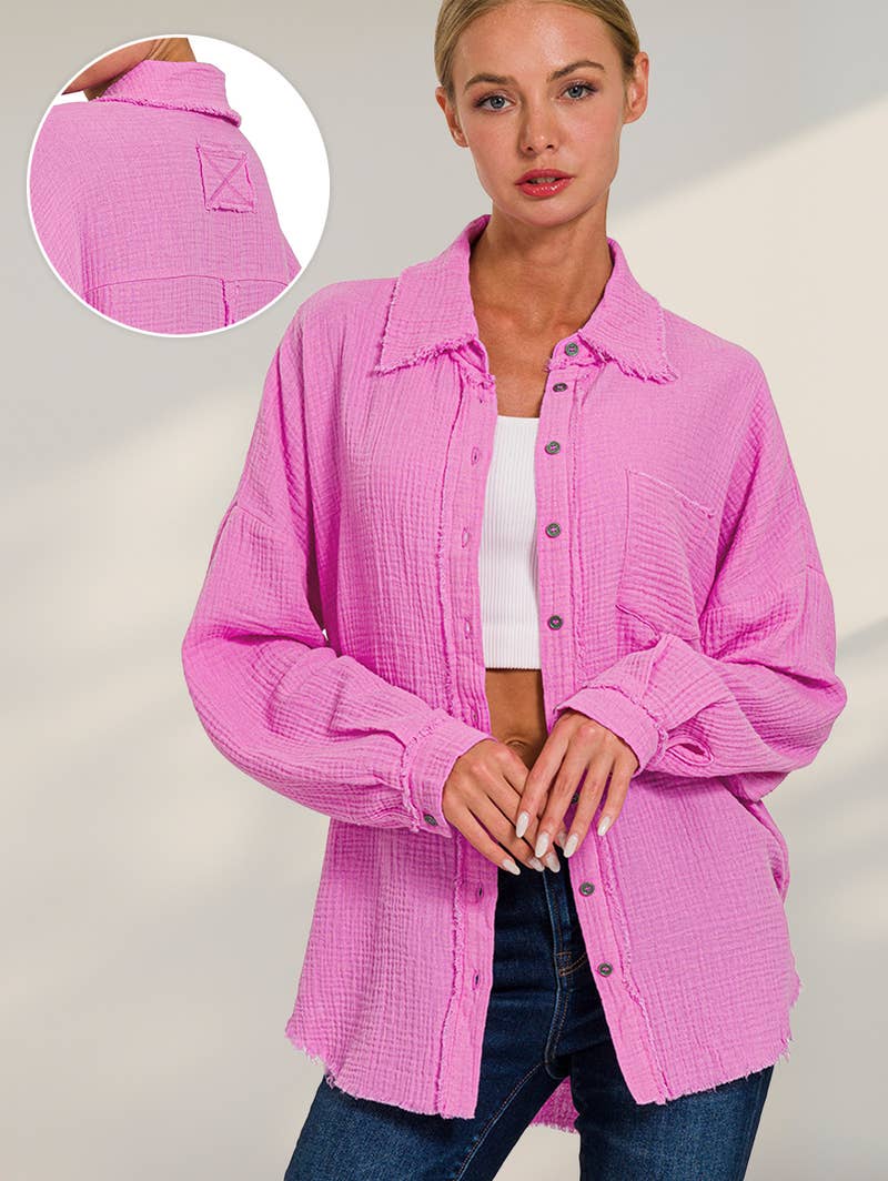 42POPS - Wholesale Button Down Shirt - Women's - `.Oversized Raw Edge Shirt W/ Back Patch1