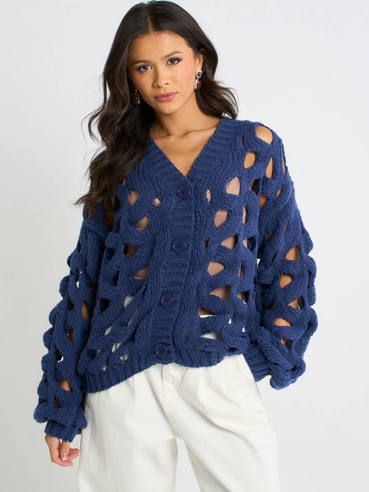 Navy Hollow Chunky Knit Cardigan for wholesale by GINI LONDON