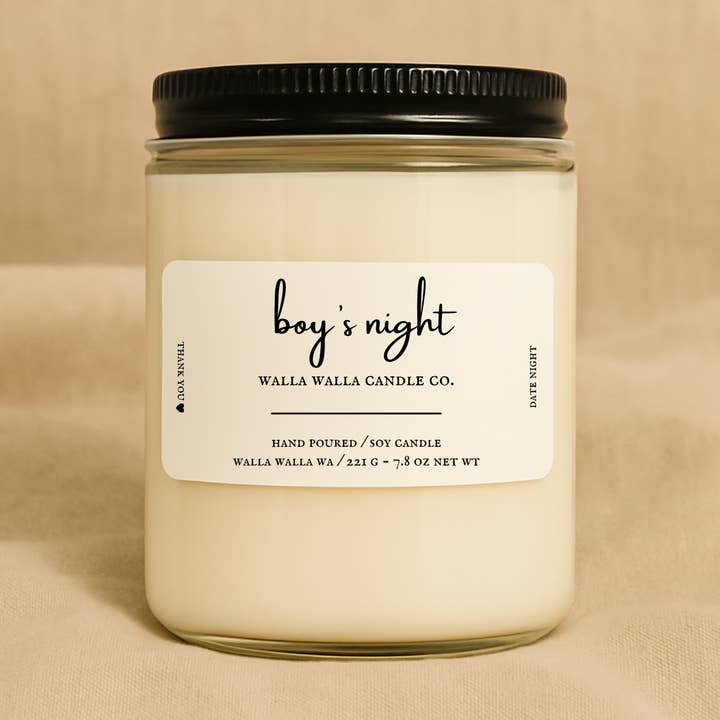 “BOY’S NIGHT” SOY CANDLE for wholesale by Walla Walla Candle Co.