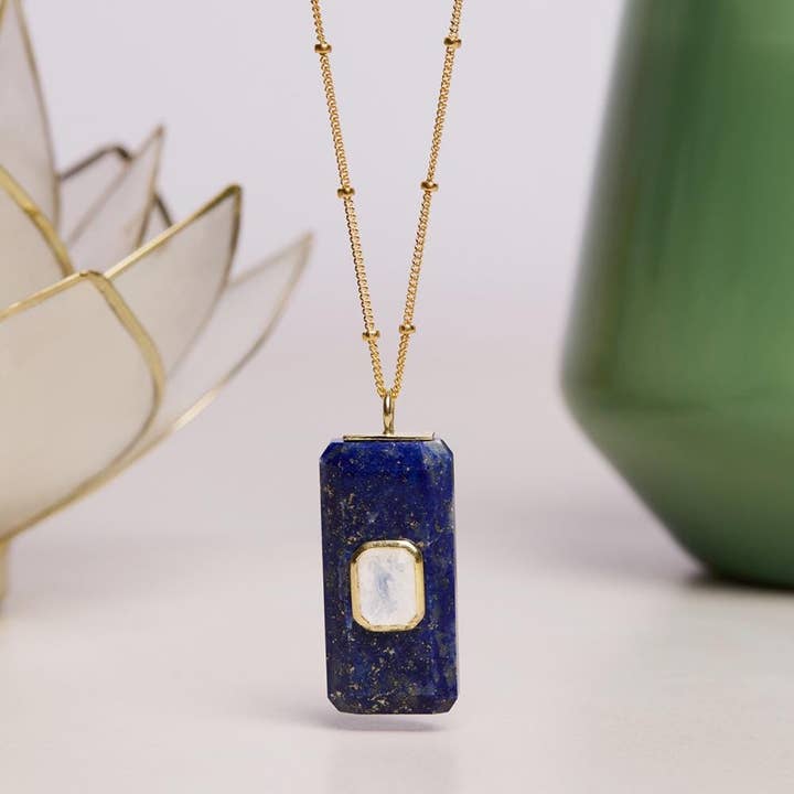 Lapis Lazuli and Moonstone Gold Pendant Necklace for wholesale by Soul & Little Rose