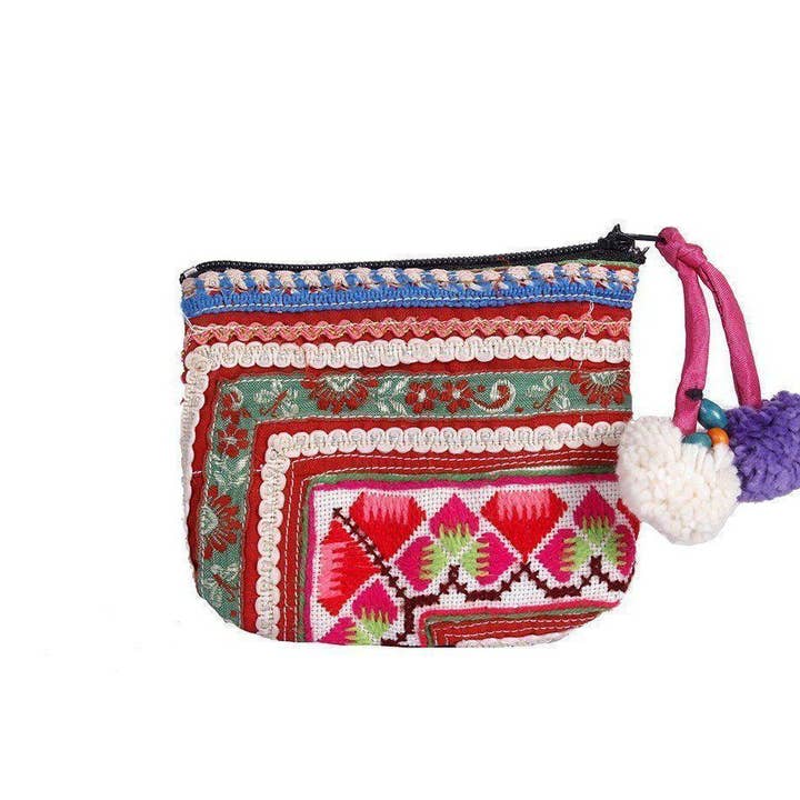 Piccolo portamonete vintage riciclato in tessuto Hmong con pompon per la vendita all'ingrosso da parte di Lumily