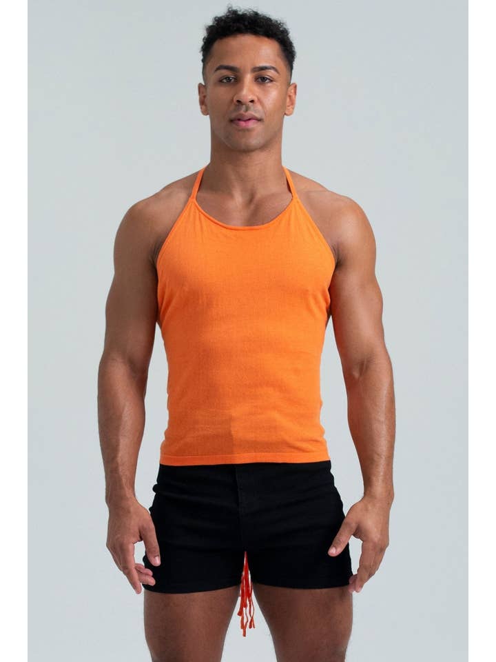 Orange Self-Tie Halter Knit Tank with Back Straps for wholesale on Faire7