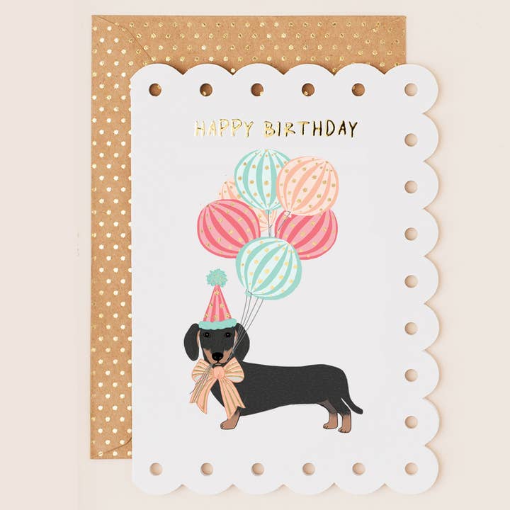 Sausage Dog Birthday Card with Broderie Border for wholesale by Apple & Clover