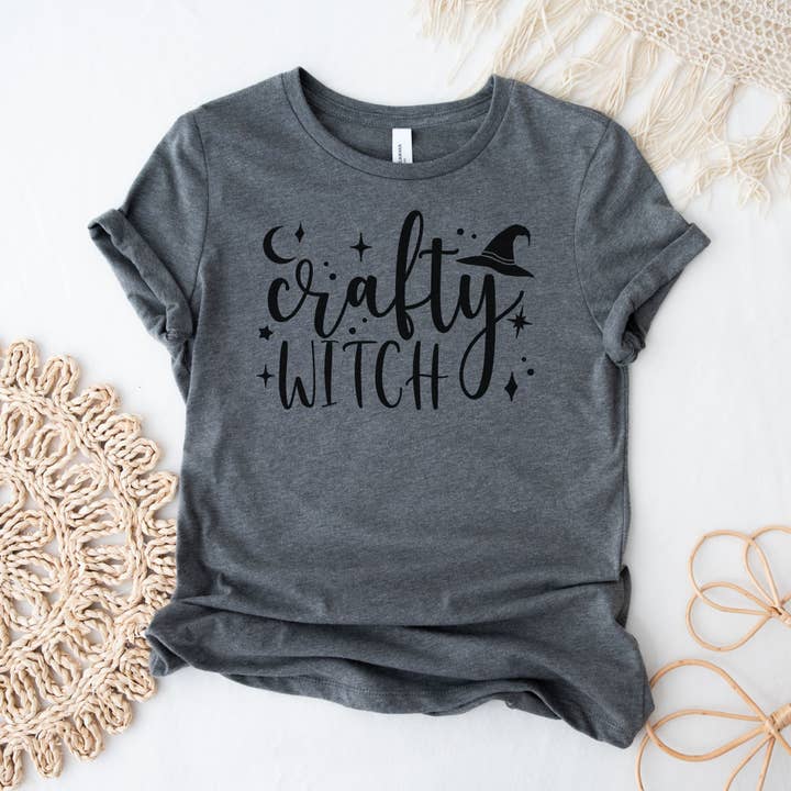 Crafty Witch Graphic Tee Heather Deep for wholesale by Indigo Bramble Boutique
