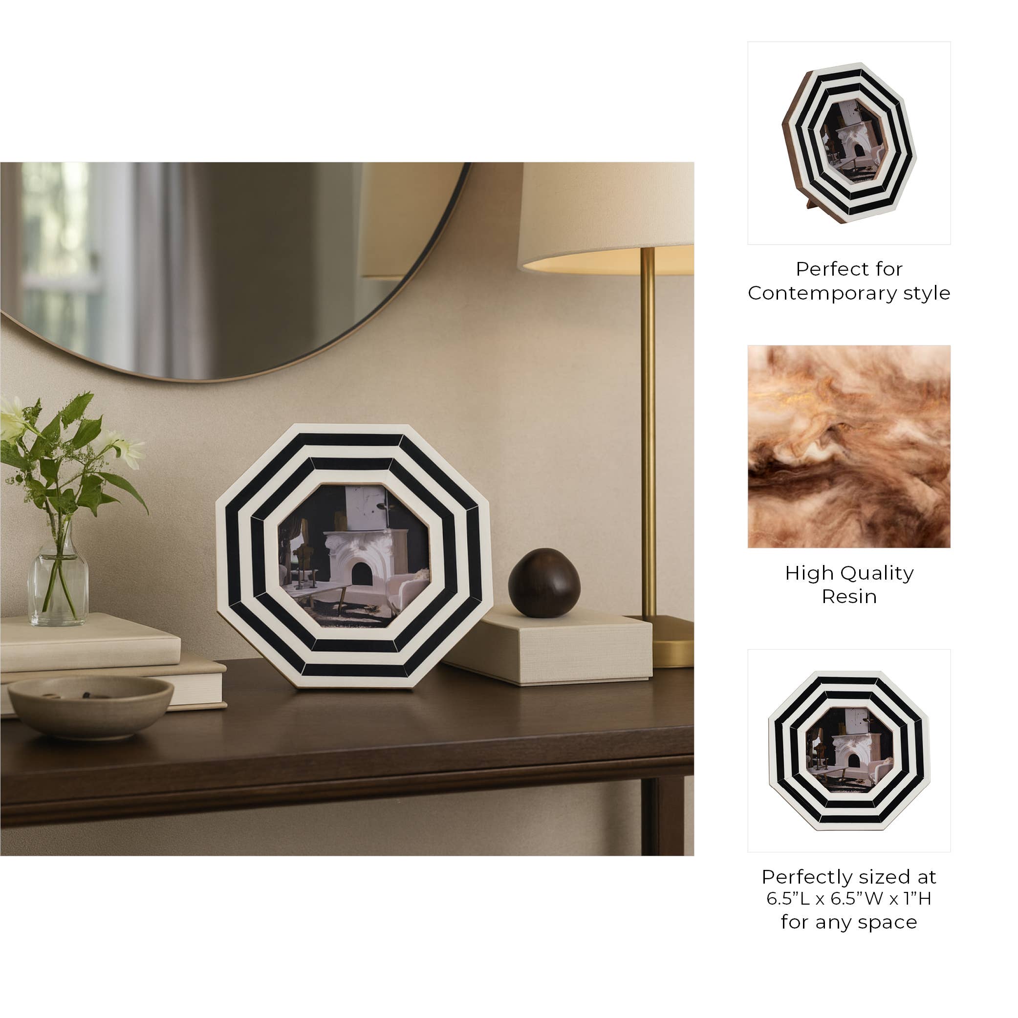 Sagebrook Home - Wholesale Picture Frame - Photo Frame-Black/White Resin Lines Octagon, 4x4 in.4