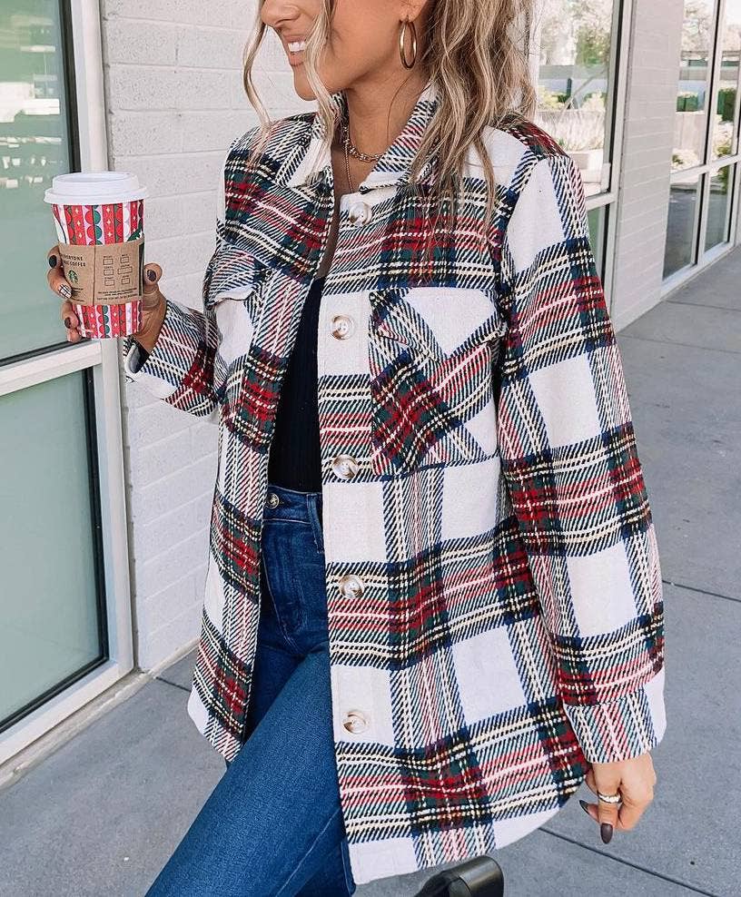 White Tweed Plaid Coat With Long Sleeved Lapels for wholesale on Faire0