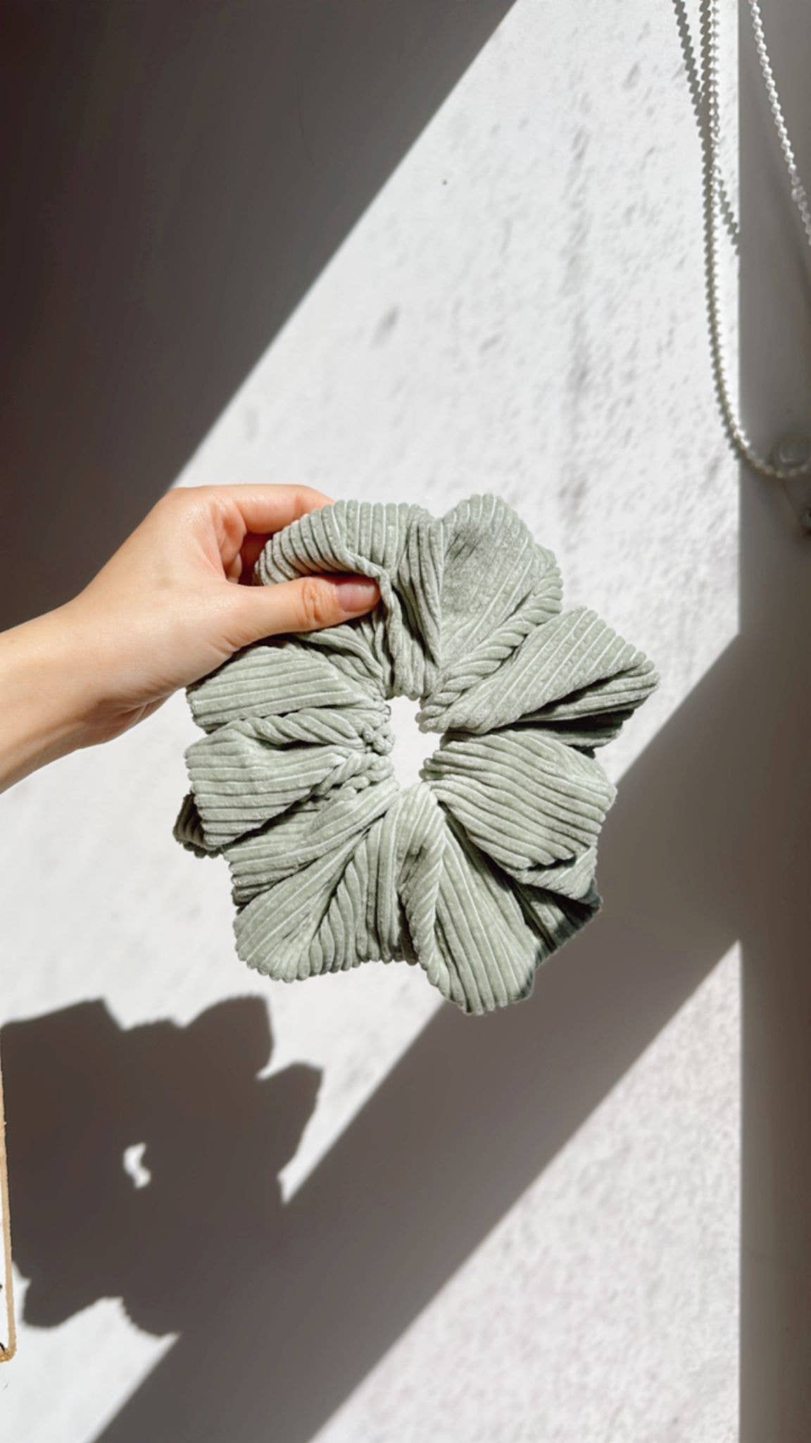 Weavey Studio - Wholesale Scrunchie - Women’s - Sage Oversized jumbo corduroy fabric scrunchie, XL scrunchie3