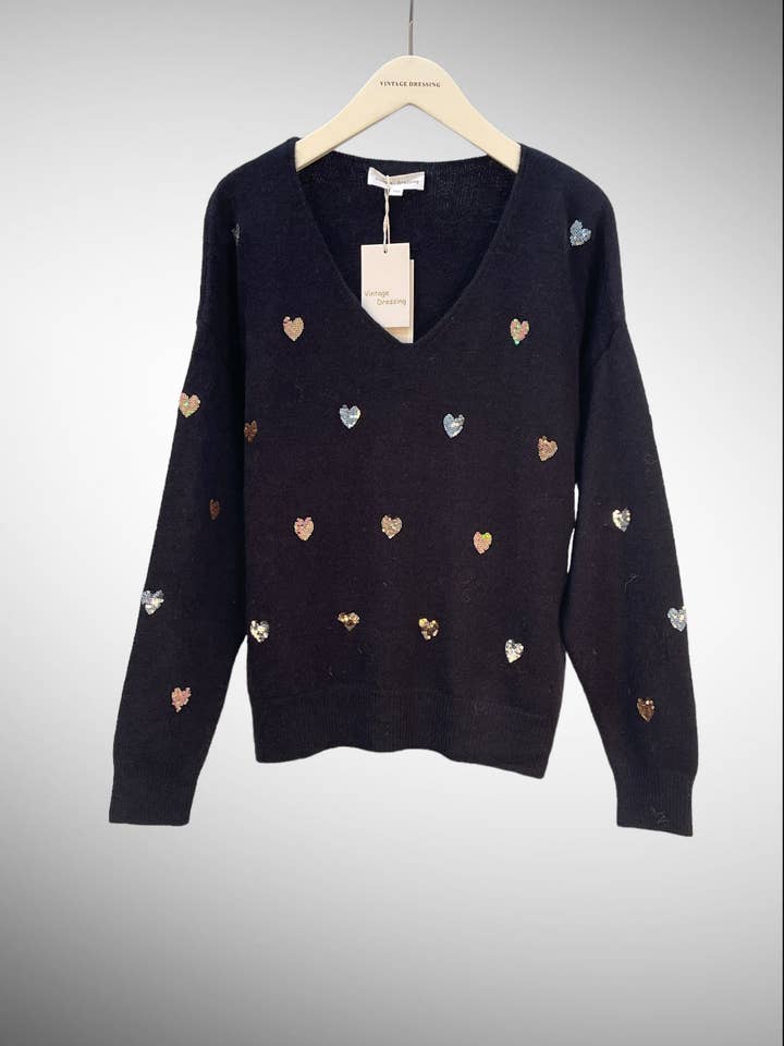 Moov Group - Wholesale Knit Sweater - Women's - Long-sleeve sweater with V-neck and heart sequins S293