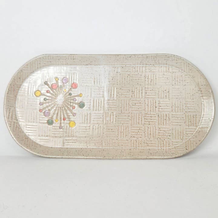 Art Deco Sunburst on White 10" Stoneware Handmade Platter for wholesale by White Squirrel Clayworks