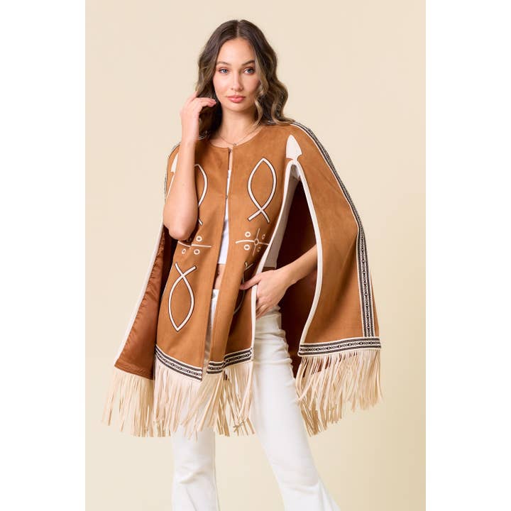 Saints & Hearts - Wholesale Cape - Women's - SIJ5386A CREAM FRINGED CAPE WITH EMBROIDERY22