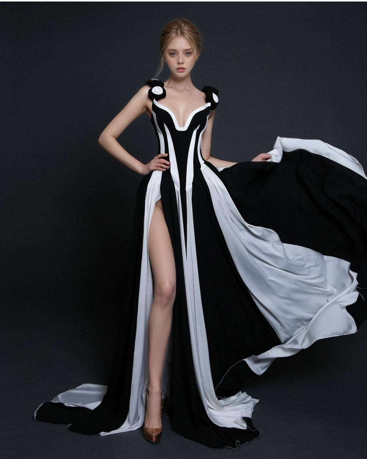 DR411 Deep V Black & White Striped Dress with Floral Accents for wholesale on Faire0